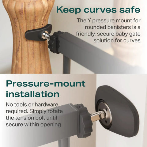 Expandable Baby Gate For Stairs And Doorways With Auto Close Pressure Mounted Pet Gate For Dogs Indoors Kid Safe Easy Walk Through Door Black Fits 29.7 To 40.6 Inches Moms Choice Awards Winner showing pressure-mount installation on railing
