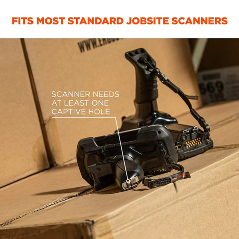 Heavy Duty Sling Style Barcode Scanner Harness With Tether Lanyard Keeps Your Scanner Close And Grab And Go Ready Drop Protection on cardboard boxes