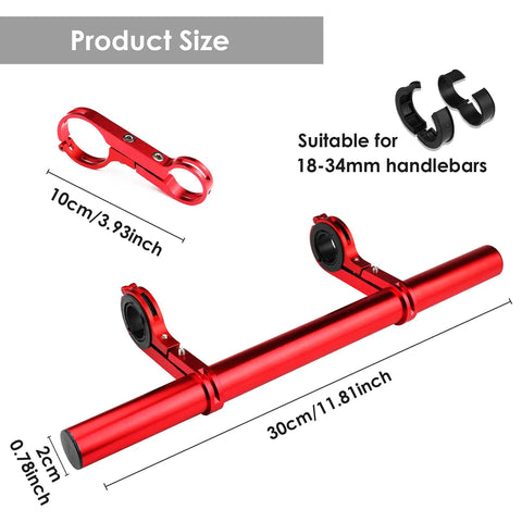 Extra Long 11.8 Inch Bicycle Handlebar Extender Aluminum Alloy Bracket For Mounting Phone GPS Speedometer On Bikes Crimson Finish