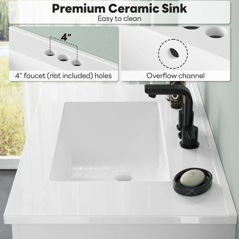 Close-up of the integrated sink on Clean Modern 30 Inch Bathroom Vanity In Bright White Matte with faucet holes.