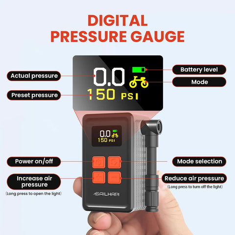 Close-up of digital screen and buttons of Mini Bike Tire Pump With 150 PSI Fast Inflation And Auto Stop Gauge Presta And Schrader Valve On The Go Electric Air Pump For Road And Mountain Bicycles EBikes Motorcycles And Sports Balls showing pressure settings.