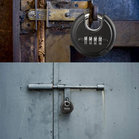 Rugged Outdoor Combination Disc Padlock With Four Digit Code on rusty and blue gates. Heavy duty weatherproof rustproof black lock.