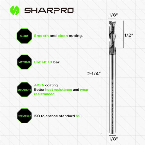 SHARPRO 1/8 in end mill, side view; 2-flute carbide square endmill with AlCrN coating, 1/8 in shank