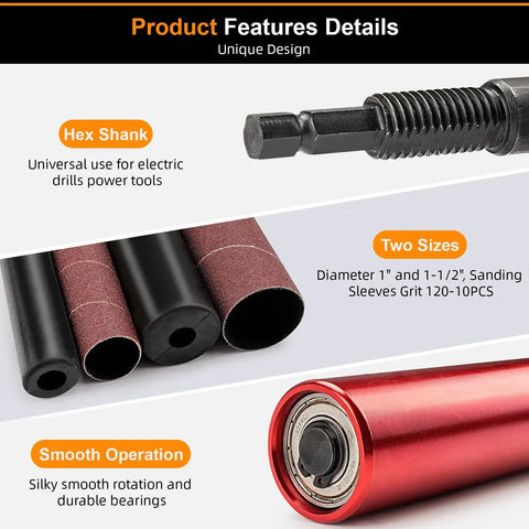 Top Shelf Spindle Sander Adapter Kit With Cushioned Rubber Sanding Drum Sleeve features hex shank, sanding sleeves, and smooth operation.
