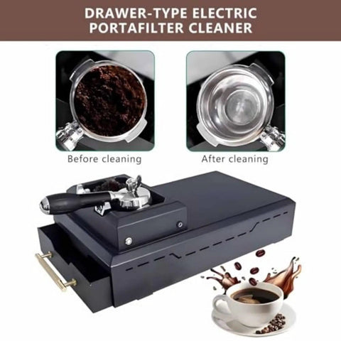 Slick Electric Coffee Puck Knock Box For Zero Hassle Espresso Cleanup featuring portafilter before and after cleaning.