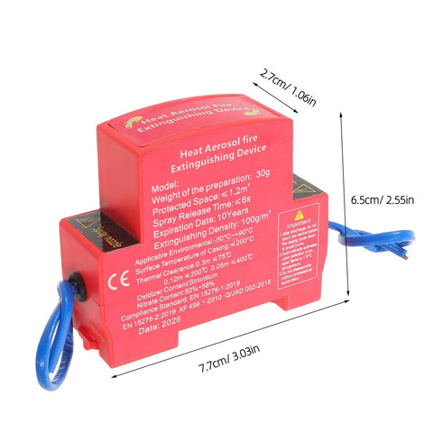 Heavy Duty Auto Fire Extinguisher Canister Compact Thirty Gram Aerosol Spray Pack With Grab And Stick Mounting Pad For Hot Rod Pickup Jeep Boat Camper Instant Heat Trigger Flame Control Badass Ride Ready Safety in red with dimensions visible.