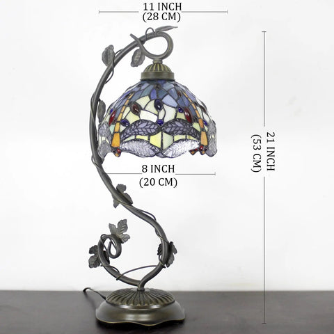 Stained Glass Tiffany Style Dragonfly Table Lamp With Blue Yellow Glass Shade Dope Bronze Metal Leaf Base 21 Inch Tall Desk Light For Bedroom Or Home Office UL Listed Easy Cord Switch Ideal Small Space Accent