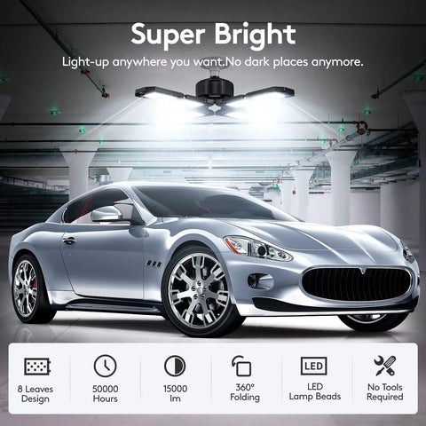 Car illuminated under super bright LED ceiling light with 8 leaves design in parking garage, showcasing features like 50000 hours lifespan.