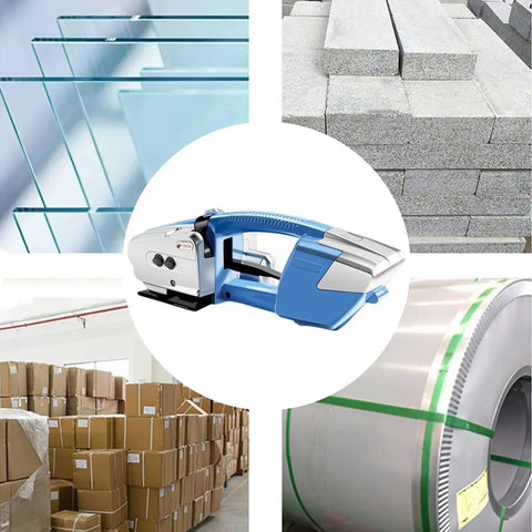 Electric Strapping Machine With 3000mAh Battery No Tools Needed, shown with packaged goods and building materials.