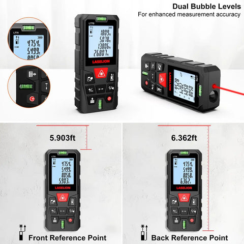 Heavy Duty Laser Measure Tool With Dead On Precision And 229 Foot Range showing dual bubble levels and LCD display.