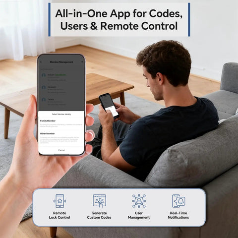 Person using All-in-One app on smartphone for Heavy Duty Smart Deadbolt Door Lock Featuring Dope Fingerprint Scanning.