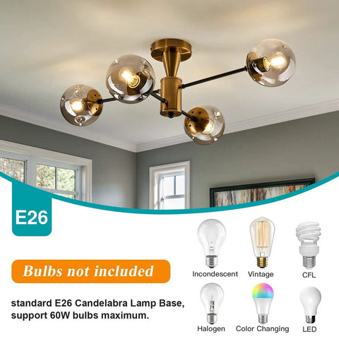 Modern Four Light Gold Glass Globe Ceiling Light Fixture Mid Century Semi Flush Mount with E26 base, bulbs not included.