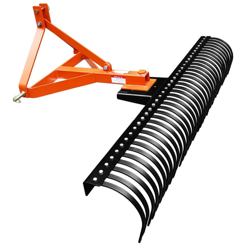 Heavy Duty 6 Foot Tractor Landscape Rake With 37 Steel Tines, 360 Degree Rotation, 3 Point Hitch in rust resistant orange