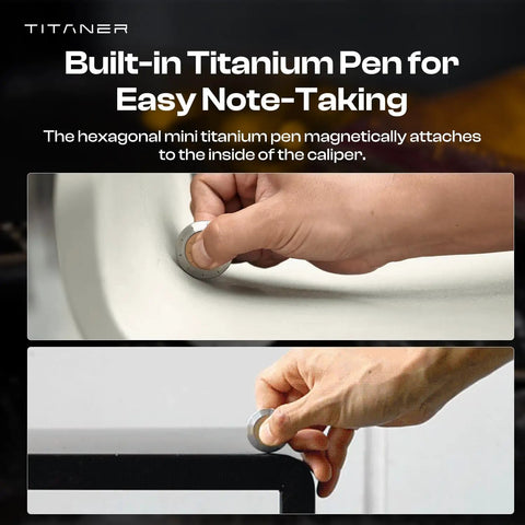 Premium Titanium EDC Curve Measuring Tool With Dead Nuts Accurate Circular Logarithmic Slide Rule For Architectural Drafting Leather Crafting And Diy Projects: Hexagonal mini titanium pen magnetically attaches inside caliper for note-taking.