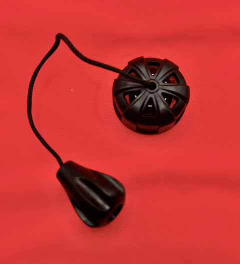 Scuba Diving Lift For Spearfishing And Lobstering, Ocean Treasure Hunting, Stem Inflation Valve close-up on red nylon lift gear