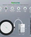 Dimensions and features of Six Inch Recessed Lighting Kit With Six Color Temperature Modes 2500K To 5000K Dimmable 1100 Lumens 12W Eqv 110W Black Can Lights With Junction Box IC Rated ETL
