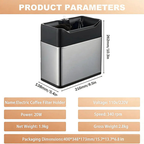 Electric Espresso Knock Box With Automatic Portafilter Cleaner for No Sweat Coffee Puck Disposal and Effortless Barista Counter Setup, stainless steel design.