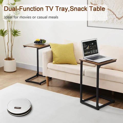C Shaped End Table That Slides Under Couch For Small Spaces TV Tray Snack Table And Laptop Desk in living room setting