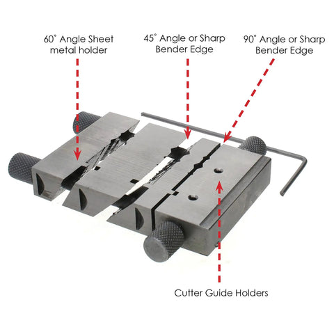Swiss Style Miter Cutting Vise Jig Forged From Hardened Steel Measures Three Point Seven Five Inches with 45, 60, 90 degree angle markings.