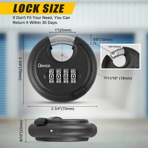 Rugged Outdoor Combination Disc Padlock With Four Digit Code Heavy Duty Weatherproof Rustproof Lock for storage units, black.