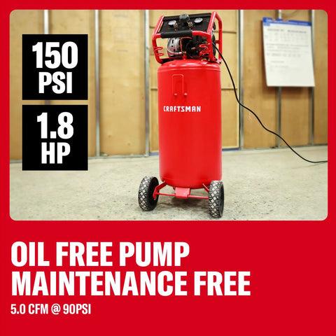 Craftsman Oil Free Portable Air Compressor 26 Gallon Tank 150 PSI Max Industrial Grade Tool on floor with wheels and gauge.