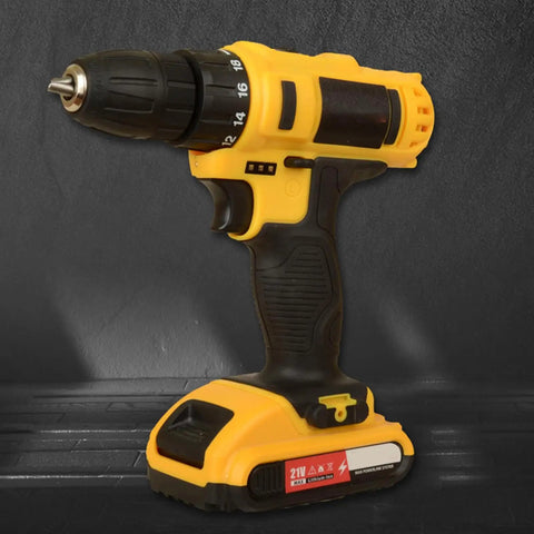 No Hassle Heavy Duty Cordless Power Drill Workhorse With High Torque Motor And Quick Swap Chuck For Fast Woodworking And DIY Builds Rock Solid Handheld Tool - Yellow cordless drill with keyless chuck and ergonomic handle.