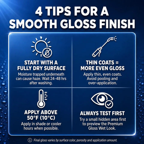 Infographic with tips for using Slick Wet Look Stone Sealer Hella Durable Water Based Color Enhancer for best finish.