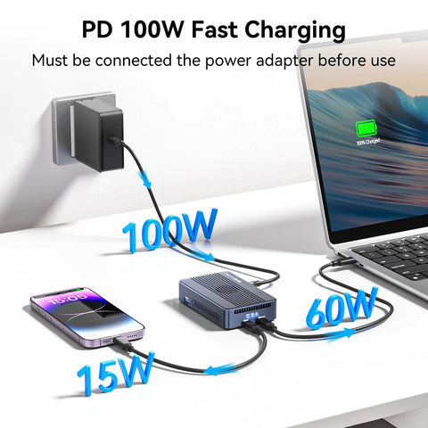 Twin Bay 40Gbps M.2 NVMe SSD Enclosure With Active Cooling And Machined Aluminum Case showing 100W fast charging setup on a desk.