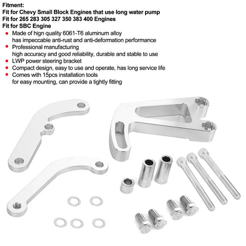 Power Steering Pump Mounting Bracket For LWP 265 283 305 327 350 383 400 Engines Aluminum Alloy Rustproof And Deformation Resistant Easy Install With 14 Tool Kit For Quick Tight Mount, shown with all components displayed on white background.