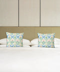 Vintage Block Print Floral Pillow Covers 18x18 Set of 2 in Blue Green Pink with Cozy Flannel Cottage Core Art Nouveau Decor for Living Room and Bedroom Grandmillennial Style Hidden Zipper Covers on bed