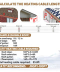 Chart detailing heating cable length for roofs with images of eaves and gutters. Product: Self Regulating Pre Assembled Heating Cable 150 Feet 120V For Roof Deicing And Pipe Freeze Protection ETL Certified Safety UL Listed Plug No Hassle Easy Install Durable Winter Weather Solution.