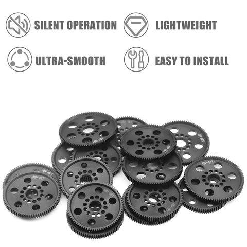 POM spur gear set for RC cars featuring lightweight CNC machined gears designed for smooth, silent operation on indoor tracks.