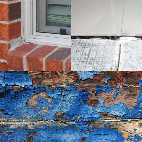 Surfaces showing tile adhesive, caulk, paint, and sealant requiring 4 Piece Rigid Oscillating Tool Scraper Blades Set for removal.
