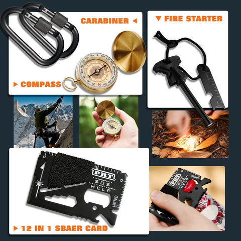 All In One Outdoor Survival Gear Set With Large Camping Backpack And First Aid Kit, compass, carabiner, fire starter, tool card