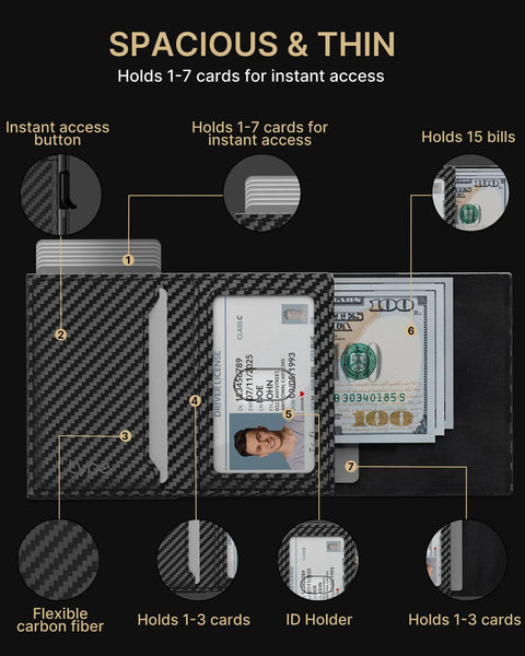 Open Pop Up Aluminum Card Wallet With RFID Blocking showing card slots, ID window, holds 10 to 15 cards and 15 bills, carbon fiber look.