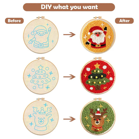 All In One Punch Needle Kit With Wooden Handle Embroidery Tools Hoops Cloth Scissors Threaders And More Ideal For Beginners To DIY Crafts Home Decor And Gifts In Pink showing before and after embroidery designs of Santa, Christmas tree, and reindeer.