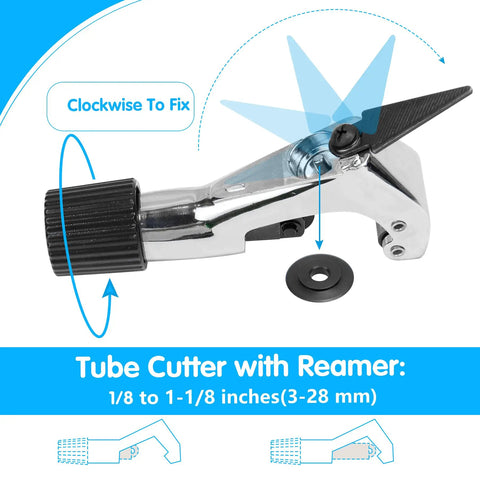 Tube cutter with reamer for 1/8 to 1-1/8 inch tubing, part of Ratcheting Tube Bender Kit For HVAC And Refrigeration Pros, Carry Case Included.