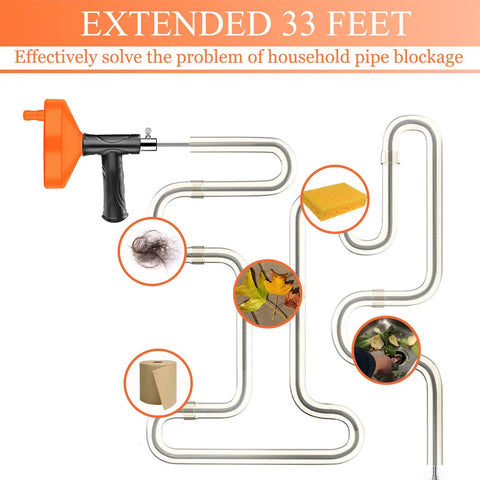 Heavy Duty 33 Foot Drain Snake Auger With Flexible Steel Cable showing hair, leaves, sponge debris for toilets, sinks, tubs use.