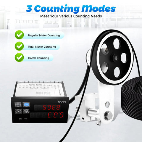 Heavy Duty Digital Length Counter Wheel Meter With Dual Relay Outputs And Three Programmable Modes For Dead On Tracking In Feet Or Meters showing display and counting wheel