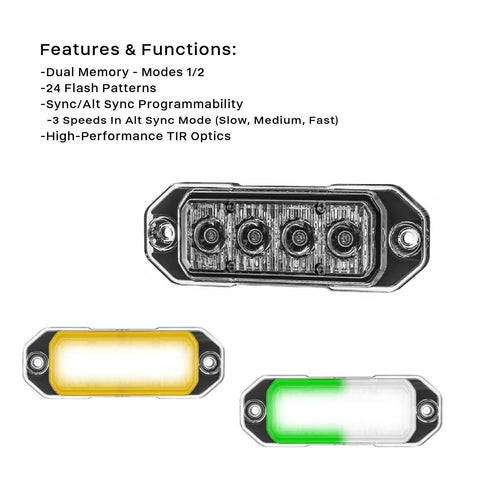 Battle Tested Led Caution Light Featuring Four High Output Surface Mount Beacons For Tow Trucks And Utility Fleet With Dual Memory Flash Patterns and Crisp Green Lens Optics showing four LEDs and two colored beacons.