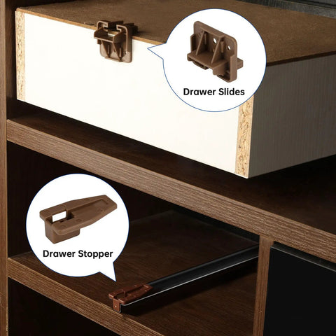 Dang Smooth Dark Brown Plastic Drawer Slides And Center Mount Rails Kit With 10 Pack Replacement Glides For Kenlin Rite Trak I; drawer slides and stopper displayed.