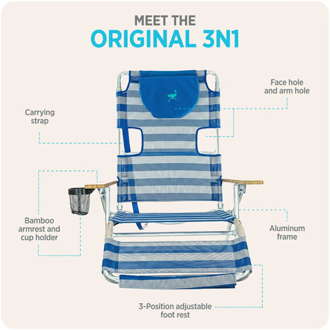 3N1 Lightweight Beach Reclining Lounge Chair With Footrest, Blue Stripe, Bamboo Armrest, Face and Arm Hole, Aluminum Frame