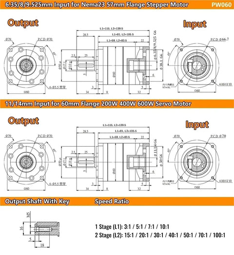 Rock Solid Nema 23 Planetary Gearbox With Helical Stepper Motor Reduction Unit 70 To 1 Ratio And 14Mm Shaft technical diagram with dimensions.
