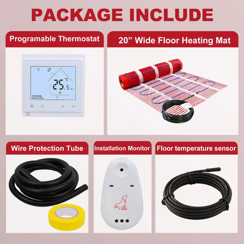 Package contents of 15 Sq Ft Electric Radiant Floor Heating Kit For Under Tile Stone And Laminate 110V System With Alarm Heating Mat Wifi Programmable Thermostat And Sensor For Easy No Fuss Temperature Control.