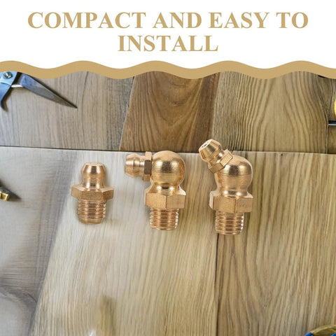Top Notch Grease Nozzle Fitting Kit With Threaded Copper M8 Nipples For Cars And Excavators Featuring Precision Fit And Easy Swap-Out Hydraulic Accessories That Make Maintenance A Total Breeze. three brass M8 grease nipples on wood surface