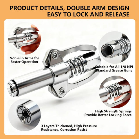 High Pressure Grease Gun Coupler For 10,000 PSI Systems with leak resistant 1/8 inch NPT thread and spring loaded valve.