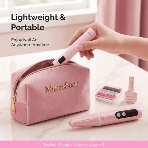 Lightweight Cordless Nail Drill With Handheld UV Lamp Beginner Gel Manicure Kit, portable pink case and nail tools.