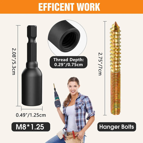 Heavy Duty Table Leg Brackets With Hanger Bolt Driver Kit featuring a hanger bolt and socket driver for wood furniture assembly.