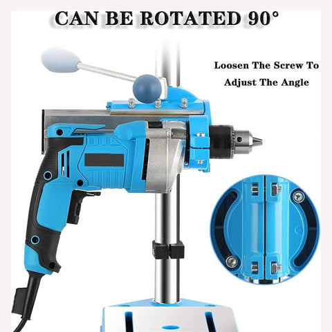 Heavy Duty Electric Drill Stand With 90 Degree Rotatable Head And 80Mm Stroke For High Precision Work, blue drill mounted for adjustment.
