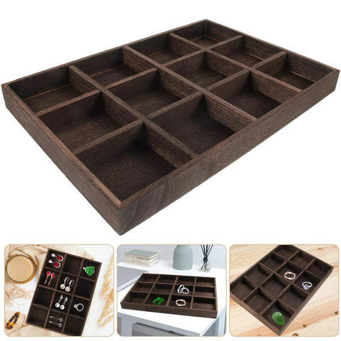Vintage Rustic Wooden Jewelry Tray 12 Compartment Ring Earring Storage Holder With Solid Wood Build, top view showing compartments.